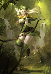 Rule 34 | 1girl, blonde hair, blue17years, blue eyes, boots, bow (weapon), breasts, cleavage, cleavage cutout, clothing cutout, dress, elf, forest, green eyes, green theme, highres, large breasts, long hair, nature, pointy ears, quiver, short dress, solo, thigh boots, thighhighs, weapon, woo chul lee