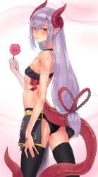 Rule 34 | 1girl, absurdres, ass, bad id, bad twitter id, bandeau, bare arms, bare shoulders, black choker, black panties, blush, borrowed character, choker, commentary, cowboy shot, dragon girl, dragon horns, dragon tail, facial mark, flat chest, flower, hair between eyes, hand up, highleg, highleg panties, highres, holding, holding flower, horns, long hair, looking at viewer, low-tied long hair, melusine (ibuki notsu), midriff, original, panties, pink flower, pointy ears, purple hair, red eyes, scales, sidelocks, smile, solo, standing, strapless, suisogenshi, tail, thighhighs, thighs, underwear, very long hair, white background