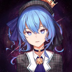 Rule 34 | + +, 1girl, black ribbon, blue choker, blue eyes, blue hair, blue necktie, blue ribbon, choker, collar, collared shirt, comet, commentary request, crown, floating hair, grey hat, grey shirt, hair between eyes, hair ribbon, hat, highres, hololive, hoshimachi suisei, hoshimachi suisei (1st costume), jushoro, lens flare, long hair, necktie, parted lips, plaid, plaid headwear, plaid shirt, ribbon, shirt, solo, star (sky), star (symbol), star ornament, starry background, virtual youtuber, white collar, white shirt, yellow hat