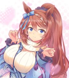 Rule 34 | 1girl, animal ears, bare shoulders, blue bag, blue eyes, blue scarf, braid, breasts, brown hair, closed mouth, commentary request, detached sleeves, hair between eyes, highres, horse ears, horse girl, large breasts, long hair, looking at viewer, multicolored hair, pointing, pointing up, ponytail, scarf, scrunchie, shizuna kaede, short sleeves, simple background, smile, solo, streaked hair, super creek (umamusume), umamusume, upper body, very long hair, white background, white hair, wrist scrunchie