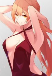 Rule 34 | 1girl, armpits, blonde hair, braid, breasts, cleavage, collarbone, dress, fluegel (kaleido scope-710), girls&#039; frontline, grey background, hand in own hair, highres, long hair, looking at viewer, medium breasts, official alternate costume, open mouth, orange eyes, ots-14 (girls&#039; frontline), ots-14 (ruler of the banquet) (girls&#039; frontline), red dress, solo, truth