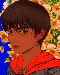 Rule 34 | 1girl, armor, berserk, blue background, brown hair, casca (berserk), cloak, closed mouth, corrupted twitter file, dark-skinned female, dark skin, eyelashes, floral background, flower, hashtag-only commentary, highres, light smile, lips, looking at viewer, nisino2222, portrait, red cloak, short hair, solo, yellow flower