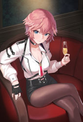 Rule 34 | 1girl, absurdres, armchair, black choker, black gloves, black shorts, blue eyes, breasts, brown pantyhose, chair, choker, cleavage, closed mouth, crossed legs, cup, drinking glass, fingerless gloves, gloves, high-waist shorts, highres, holding, holding cup, hololive, indoors, large breasts, long sleeves, looking at viewer, pantyhose, pantyhose under shorts, pink hair, shio05 (05 sio), shirt, short hair, shorts, single glove, sitting, smile, solo, takane lui, takane lui (1st costume), virtual youtuber, white shirt