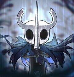 Rule 34 | 1other, blue cloak, cloak, commentary, commission, english commentary, highres, holding, holding weapon, hollow knight, horned mask, horns, knight (hollow knight), mask, nail (hollow knight), other focus, procreate (medium), rain, scerebrite, solo, weapon