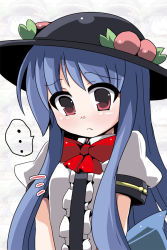 Rule 34 | ..., 1girl, :&lt;, blue hair, bow, bowtie, breast conscious, fa no hito, female focus, food, fruit, hat, hinanawi tenshi, peach, raised eyebrow, red eyes, ribbon, sad, solo, touhou, v arms