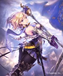 Rule 34 | 1girl, arched back, armor, ass, belt, black pantyhose, blonde hair, breasts, brooch, cleavage, copyright request, flag, flagpole, from behind, gloves, greaves, hisakata souji, jewelry, large breasts, looking back, pantyhose, parted lips, pteruges, purple eyes, purple gloves, shadowverse, sheath, shingeki no bahamut, short hair, skirt, solo, sword, thighhighs, vambraces, watermark, weapon
