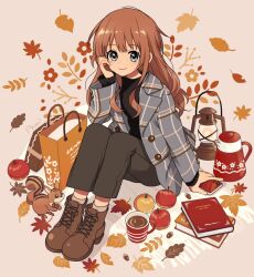 Rule 34 | 1girl, animal, ankle boots, apple, arisa (aren), artist name, bag, black eyes, black pants, black sweater, blue eyes, blush, book, boots, brown background, brown footwear, brown hair, buttons, cellphone, closed mouth, coat, coffee, commentary, cross-laced footwear, cup, dot nose, double-breasted, drink, floral background, flower (symbol), food, fruit, full body, grey coat, hand on own cheek, hand on own face, hand up, highres, holding, holding phone, knees up, lace-up boots, lantern, lapels, leaf, long hair, long sleeves, looking at viewer, mug, open clothes, open coat, original, pants, paper bag, phone, plaid, plaid coat, shopping bag, signature, sitting, smartphone, smile, solo, squirrel, sweater, teapot