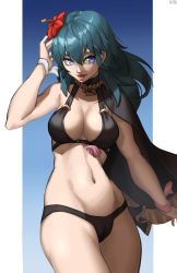 Rule 34 | 1girl, absurdres, artist name, bikini, black bikini, black cape, blue eyes, blue hair, breasts, byleth (female) (fire emblem), byleth (female) (summer) (fire emblem), byleth (fire emblem), cape, cleavage, commentary, english commentary, fire emblem, fire emblem: three houses, fire emblem heroes, flower, hair between eyes, hair flower, hair ornament, hibiscus, highres, large breasts, lips, long hair, looking to the side, navel, nintendo, official alternate costume, open mouth, pink lips, red flower, signature, smile, solo, swimsuit, tongue, x xith x
