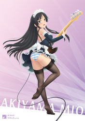 Rule 34 | 1girl, akiyama mio, alternate costume, apron, ass, bass guitar, black eyes, black hair, blush, breasts, cleavage, covered erect nipples, dress, enmaided, feet, ffyak, highres, instrument, k-on!, kneepits, legs, long hair, looking back, maid, maid apron, no shoes, panties, pantyshot, soles, solo, striped clothes, striped panties, tears, thighhighs, toe scrunch, toes, underwear, upskirt