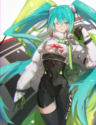 Rule 34 | 1girl, ;), absurdres, aqua eyes, aqua hair, asymmetrical bodysuit, black bodysuit, black gloves, bodysuit, boots, chinese commentary, commentary request, covered navel, cowboy shot, cropped jacket, flag, gloves, goodsmile racing, green gloves, gugu (guming304), hair between eyes, hand up, hatsune miku, highres, jacket, long hair, long sleeves, looking at viewer, one eye closed, race queen, racing miku, racing miku (2022), single thigh boot, single thighhigh, smile, solo, thigh boots, thighhighs, twintails, two-tone gloves, very long hair, vocaloid, white jacket