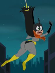 1girl ass barbara_gordon batgirl black_cape black_gloves bodysuit breasts cape dc_comics dc_super_hero_girls full_body gloves green_eyes grey_bodysuit highres huge_ass lauren_faust_(style) lips long_hair night official_style open_mouth orange_hair outdoors sb99doodles small_breasts solo superhero_costume wide-eyed yellow_footwear