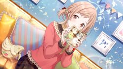 Rule 34 | 1girl, bird, blouse, blue background, blush, box, brown eyes, brown hair, brown skirt, couch, covering own mouth, dutch angle, game cg, gift, hair ornament, hair scrunchie, holding, holding box, holding gift, idolmaster, idolmaster shiny colors, lace, lace-trimmed shirt, lace-trimmed sleeves, lace trim, light brown hair, long sleeves, looking at viewer, low twintails, medium hair, official art, pillow, plaid, plaid skirt, red shirt, sakuragi mano, scrunchie, shirt, short twintails, sitting, skirt, smile, solo, third-party source, twintails
