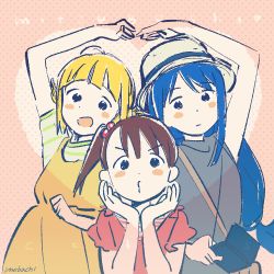 Rule 34 | 3girls, :d, ahoge, akamatsu yui, aoyama kotoha (mitsuboshi colors), arm up, artist name, bag, bare arms, blonde hair, blue hair, blunt bangs, blush stickers, brown hair, child, clenched hand, closed mouth, copyright name, dress, expressionless, hair bobbles, hair ornament, hand up, hands up, hat, heart, heart arms, heart background, holding, kise saki, long hair, looking at viewer, low-tied long hair, mebachi, mitsuboshi colors, multiple girls, o3o, open mouth, pinafore dress, pink background, puckered lips, shirt, short hair, short sleeves, shoulder bag, side ponytail, signature, sleeveless, sleeveless dress, smile, striped clothes, striped shirt, tareme, upper body, v-shaped eyebrows