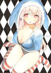 Rule 34 | 1girl, animal hood, bra, breasts, cleavage, food, headphones, hood, large breasts, long hair, macaron, mugicha (mugicha0929), nitroplus, no pants, open mouth, pink hair, rabbit hood, red eyes, solo, striped clothes, striped thighhighs, super sonico, thighhighs, underwear