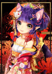 Rule 34 | 1girl, :d, animal ears, bare shoulders, blunt bangs, blush, breasts, choker, cleavage, collarbone, eyebrows, fish bone, floral print, flower, green eyes, hair flower, hair ornament, hair stick, japanese clothes, looking at viewer, mask, obi, open mouth, original, parted lips, pointy ears, purple hair, sash, sera (mrvles), small breasts, smile, solo, sun, tail, teeth, upper body