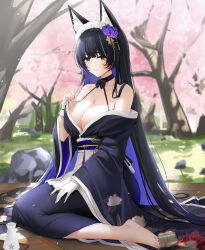 Rule 34 | 1girl, animal ears, asymmetrical gloves, azur lane, bare shoulders, barefoot, black bow, black bowtie, black choker, black hair, black kimono, bow, bowtie, breasts, cherry blossoms, choker, cleavage, eyelashes, facial mark, feet, fingerless gloves, flower, fox ears, frilled hairband, frills, gloves, hair flower, hair ornament, hairband, hand on own thigh, highres, japanese clothes, kimono, kimono pull, large breasts, long hair, long sleeves, looking at viewer, maid, maid headdress, mismatched gloves, musashi (azur lane), musashi (violet moonglow) (azur lane), nail polish, off shoulder, official alternate costume, outdoors, print kimono, pulling own clothes, purple flower, purple nails, qing wu, rock, single fingerless glove, single glove, sitting, solo, toenail polish, toenails, toes, tokkuri, tree, very long hair, wa maid, whisker markings, white gloves, white hairband, wide sleeves, yellow eyes