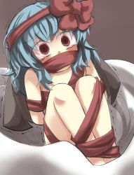 Rule 34 | 1girl, bat wings, bdsm, blue hair, blush, bondage, bound, bow, gagged, gaoo (frpjx283), gift, hair bow, highres, in container, long hair, no headwear, no headwear, nude, red eyes, remilia scarlet, ribbon, ribbon bondage, sack, scared, solo, tears, touhou, trembling, wide-eyed, wings