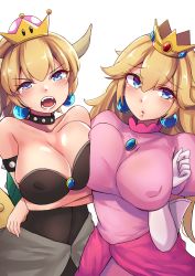 Rule 34 | 2girls, arms under breasts, bare shoulders, black dress, blonde hair, blue eyes, blush, bowsette, bracelet, breast press, breasts, cleavage, collar, covered erect nipples, crossed arms, crown, dress, earrings, elbow gloves, eyes visible through hair, fangs, gloves, highres, horns, jewelry, large breasts, long hair, looking at viewer, mario (series), mistynight, monster girl, multiple girls, new super mario bros. u deluxe, nintendo, no bra, open mouth, parted lips, pink dress, princess peach, sharp teeth, shell, short hair, simple background, spiked bracelet, spiked collar, spiked shell, spikes, standing, strapless, super crown, super mario bros. 1, symmetrical docking, teeth, white background