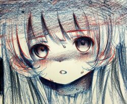 1girl bags_under_eyes blush eyebrows_hidden_by_hair frilled_shirt_collar frills graphite_(medium) highres limited_palette long_hair looking_at_viewer original parted_lips solo star_(symbol) sweatdrop swept_bangs traditional_media ynielnan3s8mp5o