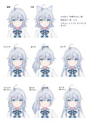 Rule 34 | 1girl, ahoge, animal ear fluff, animal ears, blue bow, blue eyes, bow, braid, closed mouth, collared shirt, copyright request, cropped torso, dress shirt, expressions, grey hair, hair between eyes, hair bow, hair over shoulder, ittokyu, long hair, looking at viewer, low twintails, multiple views, official art, ponytail, shirt, simple background, smile, striped, striped bow, translation request, twin braids, twintails, upper body, virtual youtuber, white background, white shirt