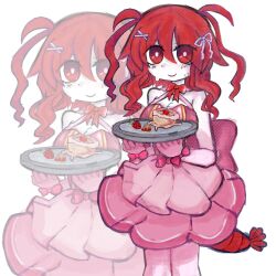 Rule 34 | 1girl, antenna hair, back bow, blush, bow, bowtie, breasts, bright pupils, cake, cleavage, colored skin, dress, food, fruit, funamusea, hair between eyes, hair ornament, hair ribbon, highres, holding, holding plate, ilovelobco777, large breasts, lobco (funamusea), lobster girl, lobster tail, looking at viewer, nervous, oounabara to wadanohara, pink bow, pink dress, plate, purple outline, purple ribbon, red bow, red eyes, red hair, ribbon, sidelocks, simple background, smile, solo, strawberry, sweat, sweatdrop, white background, white pupils, white skin, wrist bow, x hair ornament, zoom layer