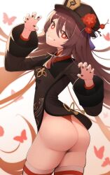 Rule 34 | 1girl, ass, breasts, brown hair, chinese clothes, dotonburi, from behind, genshin impact, grin, hat, hat ornament, highres, hu tao (genshin impact), long hair, looking at viewer, red eyes, sideboob, small breasts, smile, solo, thick thighs, thighhighs, thighs, thong, twintails, very long hair