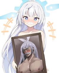 Rule 34 | 1girl, absurdres, blue archive, blue eyes, blue halo, blush, cherino (blue archive), cherino (hot spring) (blue archive), facial hair, fake facial hair, genderswap, genderswap (ftm), grey hair, hair ribbon, halo, highres, long hair, looking at viewer, nipples, nude, photo (object), redshark (t373412), ribbon, simple background, solo, swimsuit, upper body, white background, white facial hair