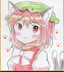 Rule 34 | 1girl, animal ear fluff, animal ear piercing, animal ears, blush, bow, bowtie, brown hair, cat ears, cat tail, chen, closed mouth, commentary request, earrings, ellipsis (mitei), flat chest, green hat, hair between eyes, hat, highres, jewelry, looking at viewer, mob cap, multiple tails, nekomata, paw print, paw print background, puffy sleeves, red eyes, short hair, simple background, single earring, smile, solo, tail, touhou, traditional media, two tails, upper body, white background, white bow, white bowtie
