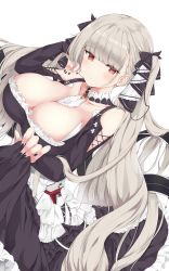 Rule 34 | 1girl, absurdres, arashiki mamizu, azur lane, bare shoulders, between breasts, black dress, black nails, blush, breasts, cleavage, dress, earrings, flight deck, formidable (azur lane), frilled dress, frills, grey hair, hair ornament, hair ribbon, highres, jewelry, large breasts, long hair, long sleeves, looking at viewer, nail polish, red eyes, ribbon, rigging, simple background, skirt hold, solo, twintails, white background
