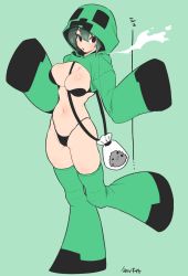 Rule 34 | 1girl, bikini, black bikini, breasts, creeper, full body, green background, green hair, hair between eyes, highres, hood, large breasts, looking at viewer, minecraft, navel, open mouth, pouch, red eyes, short hair, simple background, solo, standing, standing on one leg, swimsuit, takatsuki ichi