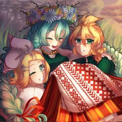 Rule 34 | 1boy, 2girls, aqua eyes, aqua hair, blonde hair, braid, bunbunhope, closed eyes, commentary, corrupted twitter file, english commentary, flower wreath, gradient hair, green hair, hair between eyes, hair ornament, hair ribbon, hairclip, hatsune miku, head wreath, highres, jewelry, kagamine len, kagamine rin, leaf, lithuania, lithuanian clothes, long hair, looking at viewer, low-tied long hair, multicolored hair, multiple girls, necklace, open mouth, parted lips, red ribbon, ribbon, shadow, short hair, smile, twin braids, upper body, vocaloid, worldwide miku