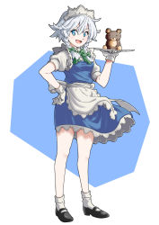 Rule 34 | 1girl, :d, apron, black footwear, blue dress, blue eyes, blush, bow, bowtie, braid, breasts, commentary request, dress, full body, gloves, green bow, green bowtie, hair between eyes, hair bow, hand on own hip, hand up, highres, holding, holding tray, inuno rakugaki, izayoi sakuya, lace trim, looking at viewer, maid, maid apron, maid headdress, mary janes, medium breasts, open mouth, petticoat, shirt, shoes, short hair, silver hair, simple background, smile, socks, solo, standing, stuffed animal, stuffed toy, teddy bear, thighs, touhou, tray, twin braids, waist apron, white apron, white background, white gloves, white shirt, white socks