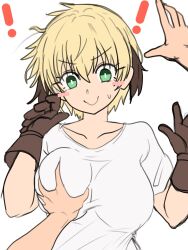 Rule 34 | 1boy, 1girl, blonde hair, breast hold, breasts, ebora, fate/grand order, fate (series), gareth (fate), gloves, green eyes, hair flaps, highres, large breasts, shirt, short hair, surprised, white background, white shirt