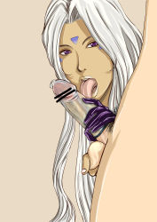 Rule 34 | 1boy, 1girl, aa megami-sama, breasts, censored, condom, condom on penis, dark skin, facial mark, forehead mark, gloves, handjob, hetero, large breasts, licking, looking at viewer, open mouth, penis, purple eyes, simple background, solo focus, testicles, tongue, tongue out, urd (aa megami-sama), white hair
