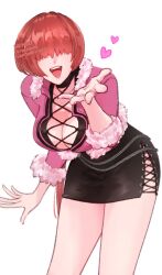 Rule 34 | 1girl, breasts, chain, cleavage, dress, fur-trimmed sleeves, fur trim, hair over eyes, heart, highres, jacket, large breasts, long hair, namisonpictures, open mouth, pink jacket, red hair, shermie (kof), short dress, simple background, smile, solo, the king of fighters, white background