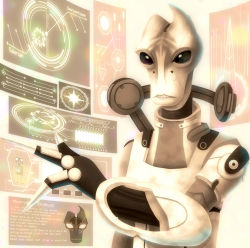 Rule 34 | 1boy, alien, holographic interface, holographic touchscreen, kudamono gumi, male focus, mass effect (series), mass effect 1, mass effect 2, mordin solus, salarian, scar, sepia, solid eyes, solo