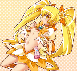 Rule 34 | 10s, 1girl, bad id, bad pixiv id, blonde hair, bow, brooch, clothes lift, cure sunshine, flat chest, heart, heart brooch, heartcatch precure!, jewelry, katsuma rei, long hair, magical girl, midriff, mouth hold, myoudouin itsuki, navel, nipples, orange skirt, polka dot, polka dot background, precure, shirt lift, skirt, solo, twintails, very long hair, wristband, yellow background, yellow bow, yellow eyes, yellow theme