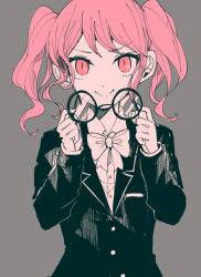 Rule 34 | &gt;:), 1girl, bang dream!, bow, bowtie, unworn eyewear, formal, glasses, grey background, hands up, holding, holding removed eyewear, itomugi-kun, long sleeves, looking at viewer, maruyama aya, muted color, pink eyes, pink hair, round eyewear, sidelocks, simple background, slit pupils, solo, spot color, suit, twintails, upper body, v-shaped eyebrows
