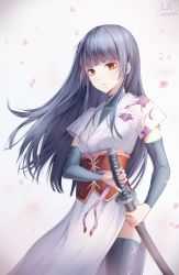 Rule 34 | 1girl, artist name, black hair, black thighhighs, blunt bangs, closed mouth, commentary request, corset, cowboy shot, detached sleeves, expressionless, floral print, gintama, highres, hime cut, holding, holding sword, holding weapon, imai nobume, japanese clothes, katana, la campanella, long hair, looking at viewer, petals, red eyes, sheath, side slit, simple background, solo, standing, sword, thighhighs, turtleneck, weapon, white background