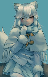 Rule 34 | 1girl, animal ear fluff, animal ears, arctic fox (kemono friends), blue background, blue bow, blue bowtie, bow, bowtie, capelet, commentary request, fox ears, fox tail, fur-trimmed sleeves, fur trim, gloves, hair between eyes, hand up, highres, kemono friends, long hair, long sleeves, looking at viewer, pantyhose, simple background, skirt, smile, solo, tail, very long hair, welt (kinsei koutenkyoku), white capelet, white gloves, white hair, white pantyhose, yellow eyes