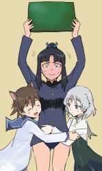 Rule 34 | 3girls, @ @, aqua eyes, arms up, black hair, blue ribbon, blush, brown hair, full-face blush, hair ribbon, hattori shizuka, homare (homaredai), hug, long hair, long sleeves, miyafuji yoshika, multiple girls, ponytail, ribbon, sanya v. litvyak, school uniform, serafuku, short hair, silver hair, simple background, smile, strike witches, sweat, world witches series