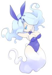 Rule 34 | 1girl, animal ears, armpits, arms up, bare shoulders, blue eyes, blue hair, blue leotard, bow, bowtie, breasts, detached collar, en&#039;enra, enraenra (youkai watch), fake animal ears, fake tail, floating, hair over one eye, hairband, large breasts, leotard, long hair, looking at viewer, monster girl, nollety, open mouth, playboy bunny, rabbit ears, rabbit tail, simple background, solo, strapless, strapless leotard, tail, traditional youkai, white background, youkai (youkai watch), youkai watch