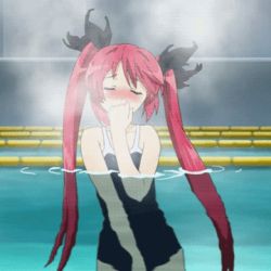 Rule 34 | 1girl, animated, animated gif, blush, cowboy shot, cthugha (nyaruko-san), closed eyes, hair ornament, haiyore! nyaruko-san, indoors, long hair, lowres, one-piece swimsuit, partially submerged, pool, red hair, school swimsuit, solo, standing, steam, swimsuit, twintails, water