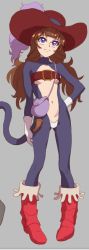 Rule 34 | 1girl, amanogawa kirara, belt bra, boots, breasts, brown hair, cat tail, closed mouth, full body, gloves, go! princess precure, hat, long hair, nadeara bukichi, navel, precure, purple eyes, simple background, smile, solo, tail, twintails