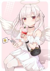 Rule 34 | 1girl, :o, absurdres, angel, angel wings, arms up, bag, bare shoulders, black choker, blunt bangs, blush, cellphone, choker, commentary request, cup, detached sleeves, disposable cup, drinking straw, emoji, feet out of frame, garter straps, halo, handbag, head tilt, highres, holding, holding cup, holding phone, iyo (ya na kanji), light blush, looking at viewer, off-shoulder shirt, off shoulder, original, phone, pink background, pink hair, red eyes, shadow, shirt, short hair with long locks, simple background, sitting, skirt, smartphone, solo, thighhighs, two side up, whipped cream, white shirt, white skirt, white thighhighs, wings, wrist cuffs