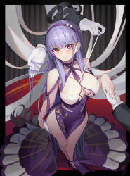 Rule 34 | 1girl, alternate costume, alternate hairstyle, azur lane, bad id, bad pixiv id, bare shoulders, breasts, cleavage, cocktail dress, criss-cross halter, dido (anxious bisque doll) (azur lane), dido (azur lane), disembodied limb, dress, gloves, hairband, halter dress, halterneck, hands on another&#039;s thigh, headband, highres, komi (komiking), large breasts, long dress, long hair, looking at viewer, multiple hands, purple dress, purple hair, purple hairband, purple headband, red eyes, solo, white gloves
