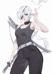Rule 34 | 1girl, absurdres, armpit peek, bare arms, bare shoulders, belt, black pants, black shirt, breasts, chainsaw man, choker, cigarette, cowboy shot, eyepatch, frilled choker, frills, hair over one eye, hand up, highres, holding, holding cigarette, holding sword, holding weapon, long hair, looking at viewer, looking down, low ponytail, medium breasts, multiple swords, one eye covered, open mouth, pants, pugongying, purple eyes, quanxi (chainsaw man), sheath, sheathed, shirt, sleeveless, sleeveless shirt, smoke, smoke trail, smoking, solo, sword, weapon, weapon on back, white belt, white hair