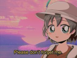 Rule 34 | 1990s (style), 1girl, aqua eyes, artist name, backpack, bag, black hair, blush, cloud, cloudy sky, english text, fake screenshot, hat, hat feather, helmet, highres, kaban (kemono friends), kemono friends, looking at viewer, open mouth, pink sky, pith helmet, portrait, red shirt, reflection, retro artstyle, shirt, short hair, sky, smile, solo, subtitled, tearing up, veechoochoo, vhs artifacts, water, white hat