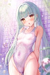 Rule 34 | 1girl, akabane (zebrasmise), arms behind back, blue hair, blush, breasts, brown eyes, covered navel, gluteal fold, groin, highleg, highleg swimsuit, highres, long hair, looking at viewer, one-piece swimsuit, open mouth, original, showering, small breasts, solo, swimsuit, thighs, tile wall, tiles, virtual youtuber, water, wet, wet clothes, wet swimsuit, white one-piece swimsuit