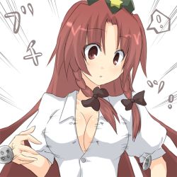 Rule 34 | 1girl, bad id, bad pixiv id, braid, breasts, bursting breasts, buttons, cleavage, female focus, hat, hong meiling, large breasts, long hair, nase, popped button, red eyes, red hair, simple background, solo, touhou, twin braids, undersized clothes, white background